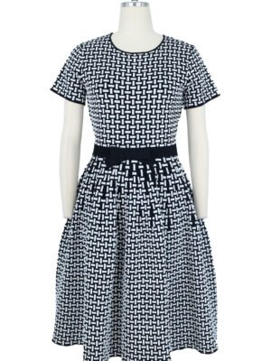 Black & White Woven Pattern Belted Knitted Dress