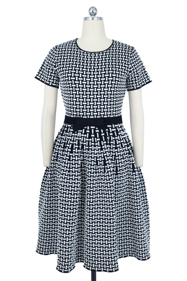 Black & White Woven Pattern Belted Knitted Dress