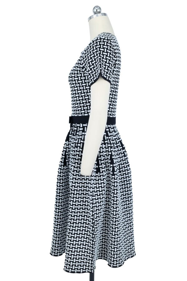 Black & White Woven Pattern Belted Knitted Dress