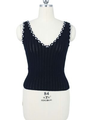 black v neck knitted vest with contrast braid trim
