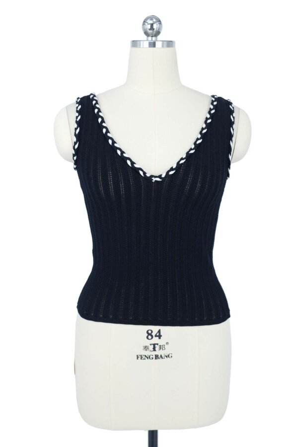 black v neck knitted vest with contrast braid trim