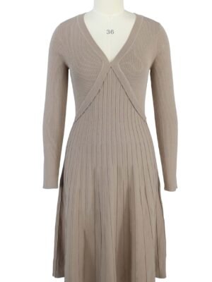 beige ribbed v neck knitted dress