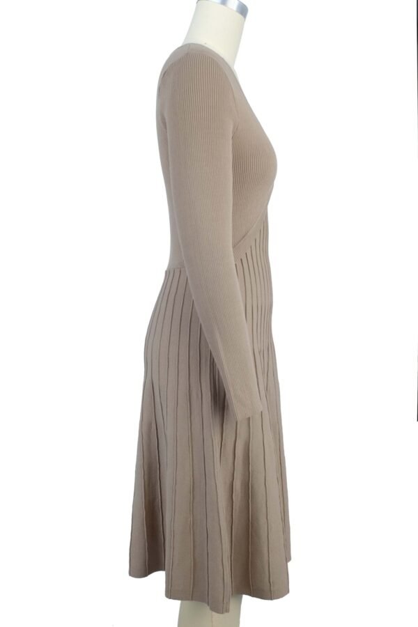 beige ribbed v neck knitted dress
