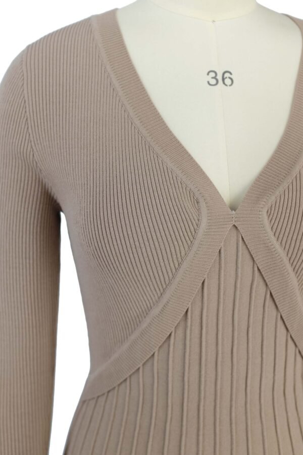 beige ribbed v neck knitted dress