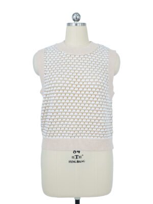beige and white woven pattern sleeveless knitted vest