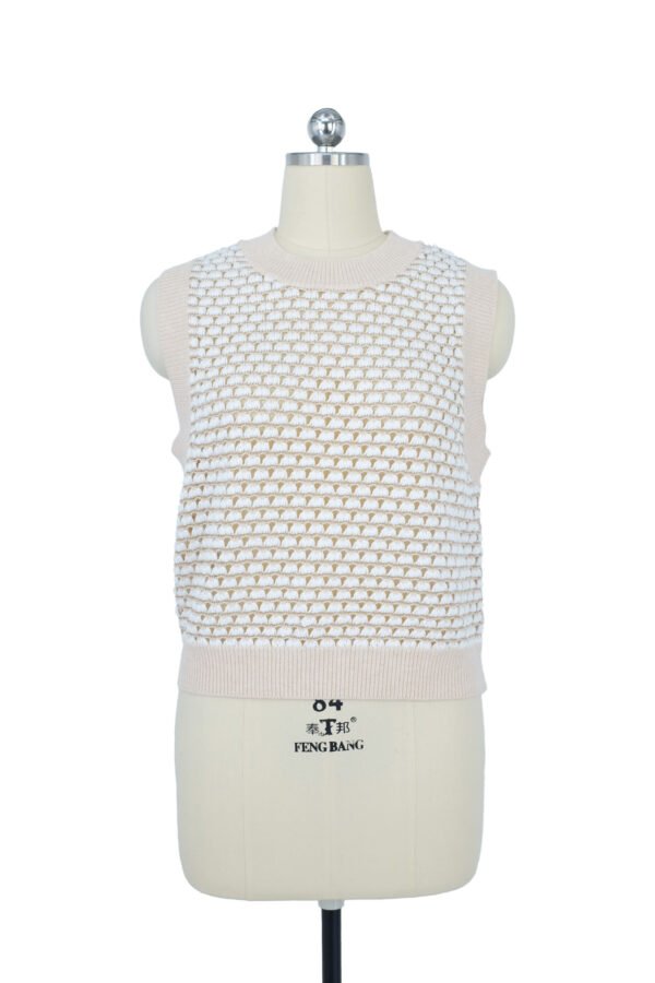 beige and white woven pattern sleeveless knitted vest