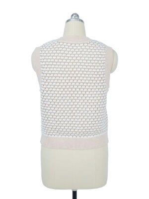 beige and white woven pattern sleeveless knitted vest
