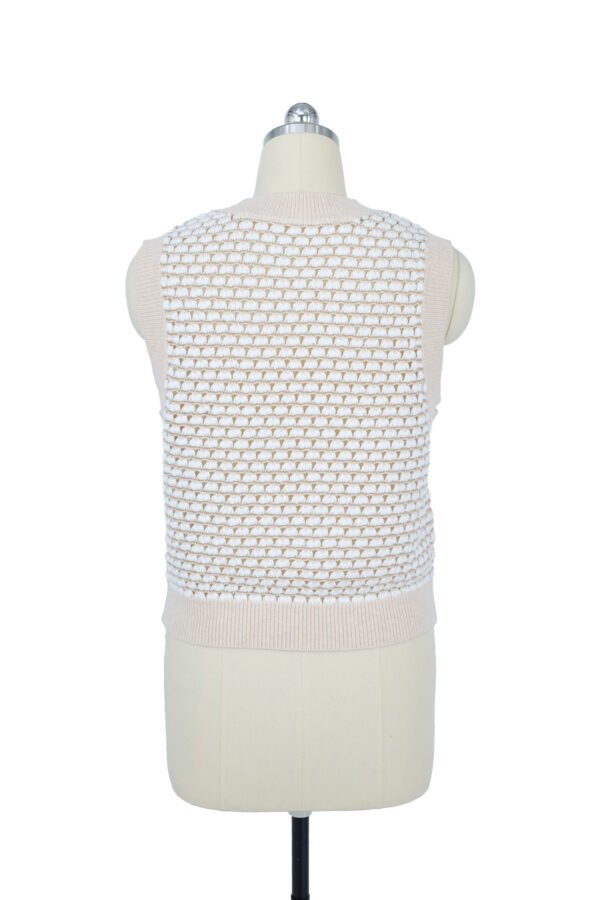 beige and white woven pattern sleeveless knitted vest