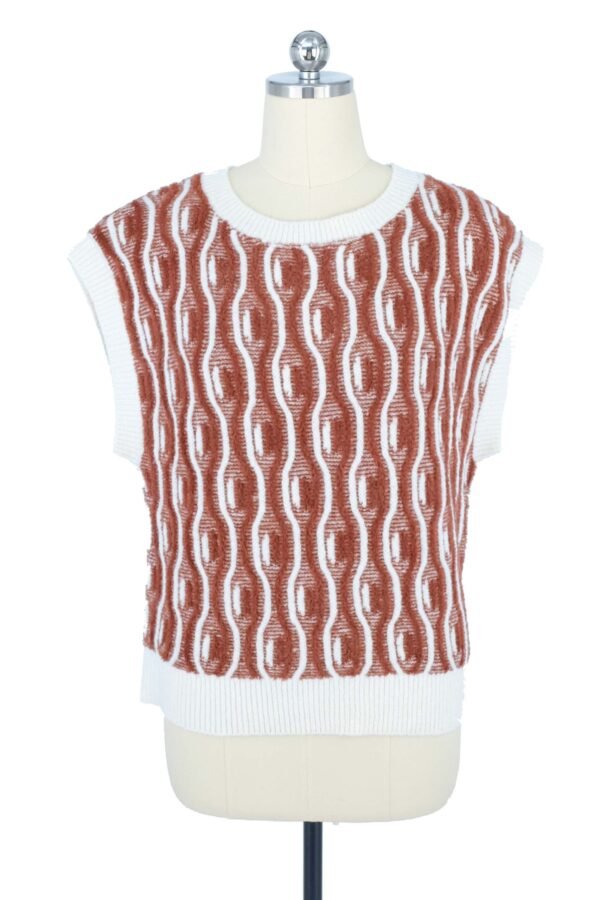 brown and white wavy pattern sleeveless knitted vest