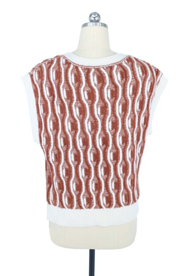 brown and white wavy pattern sleeveless knitted vest